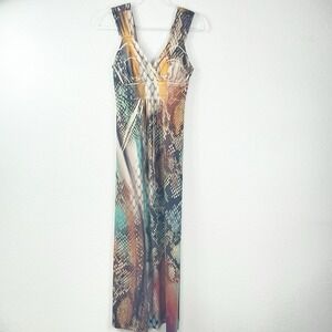 Fresh of LA Womens Small Snake Print Maxi Dress V Neck Y2K Made USA Empire Waist